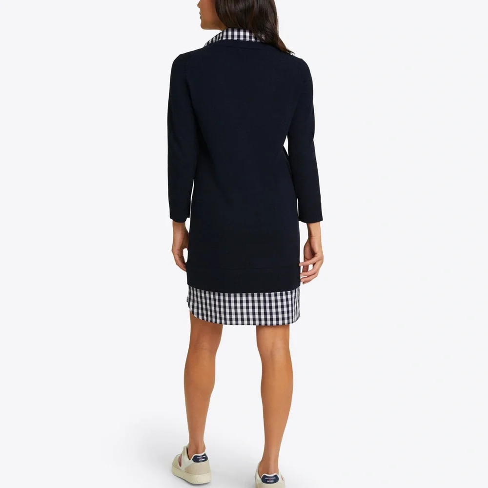 DRAPER JAMES Wool and Cotton Combo Sweaterdress in Navy Blue White Checkered - Picture 2 of 10